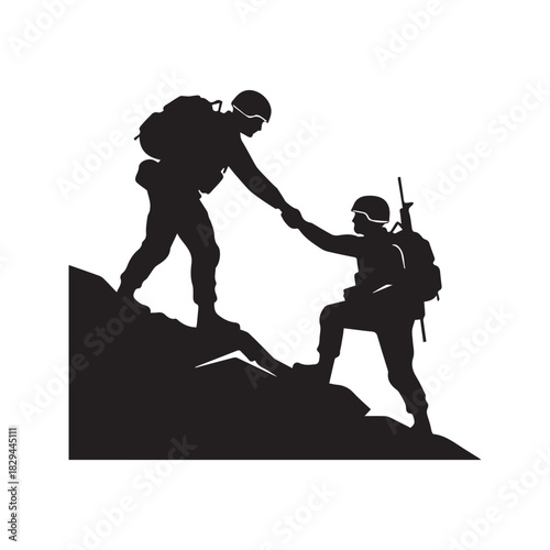 Silhouette of Soldier Giving Helping Hand to Comrade Climbing Hill Vector
