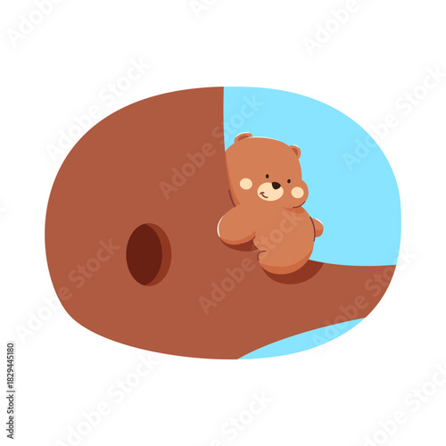 Cute and playful bear cub hugging a branch, hand drawn.