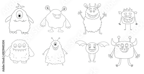 set of cute monsters funny cool line monster aliens or