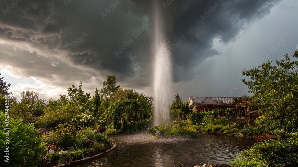 Fototapeta premium Dramatic Waterfall in Lush Garden Under Stormy Sky