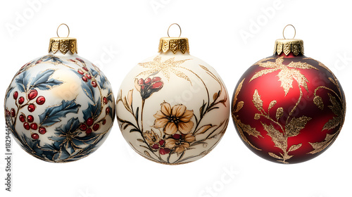 Beautiful decorative Christmas ornaments with intricate designs and vibrant colors displayed together