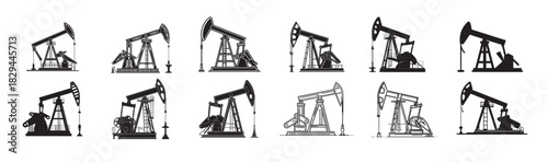 set of vintage oil pumpjack illustrations