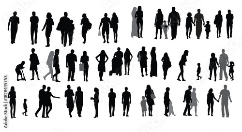 Set of silhouette walking people and children vector