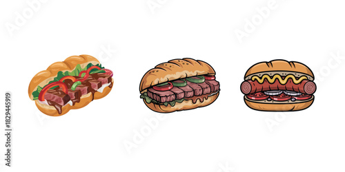 a set of vector illustration of a steak sandwich, likely depicting a variation of a cheesesteak.