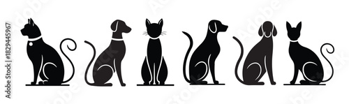 Set of Silhouettes of Cats and Dogs in Different Poses