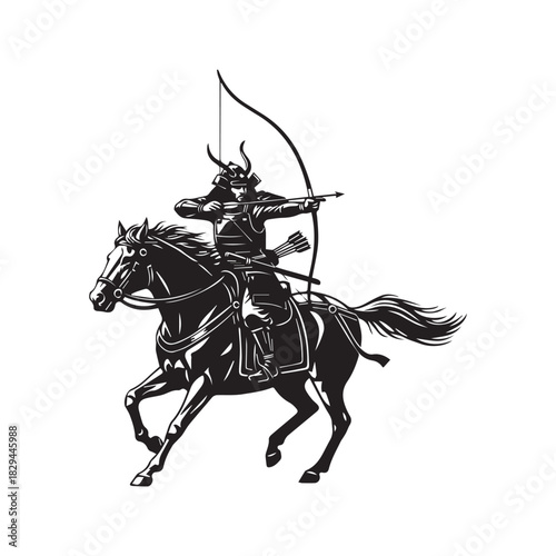 Japanese Samurai Warrior Riding Horse Shooting Bow and Arrow Silhouette Vector
