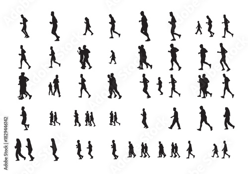 set of silhouettes of running people