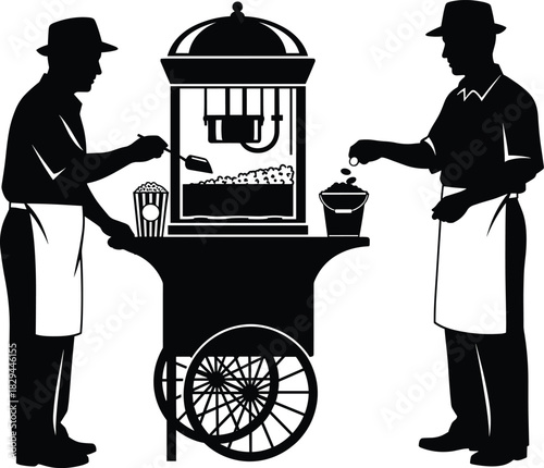 Popcorn cart, street vendors, carnival snack, black silhouette, vintage style, popcorn machine, outdoor food, fairground treat, mobile cart, classic scene