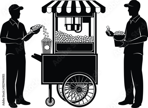 Popcorn cart street food vendor silhouette, carnival snack stand, outdoor fair scene, black and white illustration, vintage mobile popcorn machine