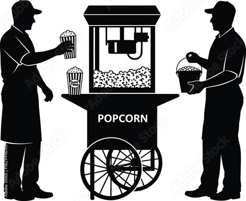 Popcorn cart, street vendor, carnival snack, black silhouette, fairground food, retro style, popcorn bucket, outdoor snack, vintage vending, classic scene
