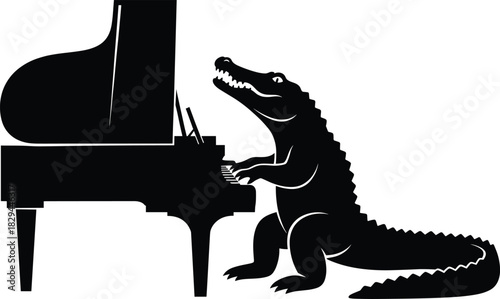 Whimsical alligator playing piano, animal musician silhouette, black and white vector, grand piano performance, fun wildlife art, creative illustration