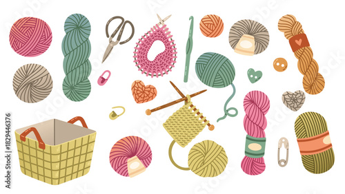  set of wool yarn balls knitting flat design vector illustration