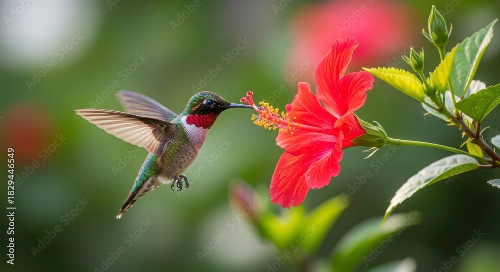 Obraz premium Hummingbird in Flight: Capture a stunning moment as a vibrant hummingbird delicately hovers near a radiant red flower, its beak gently immersed in search of sweet nectar.