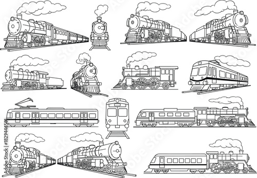 Collection of vintage and modern train illustrations, steam locomotive and metro transportation drawing, railway vehicle vector art set, public transit graphic design