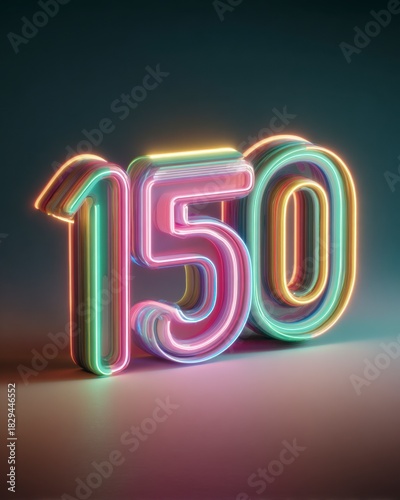Colorful Neon Number 150 with Glowing Light Effects on Dark Background