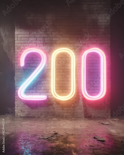Neon Light Sign with Number 200 in Vibrant Colors on Brick Wall