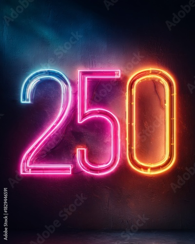 Vibrant Neon Sign Displaying Bold Number 250 Against Dark Background