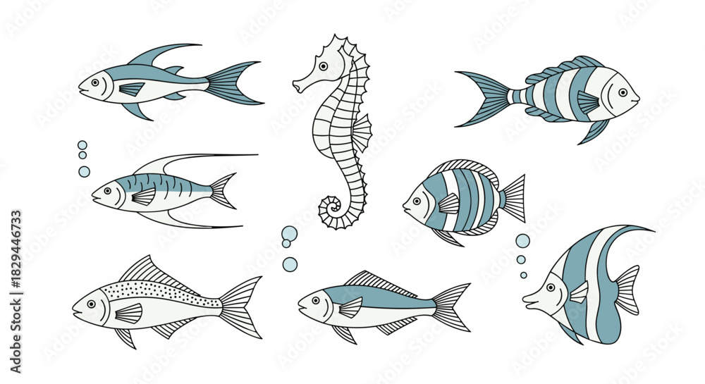 Fototapeta premium A delightful collection of hand-drawn cartoon fish and a seahorse in various styles and shapes, perfect for marine life designs.