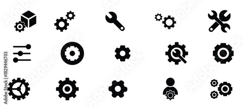 Setup and Settings Icons Set. Collection of simple linear web icons such Installation, Settings, Options, Download, Update, Gears and others and others. Editable vector stroke.