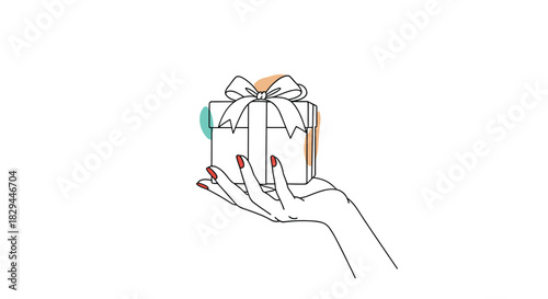 A hand with red nail polish delicately presents a beautifully wrapped gift box with a ribbon and bow, set against a minimalist background.