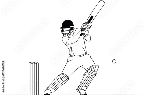 Cricket batsman swinging bat at incoming ball, professional athlete wearing protective gear, dynamic sports action illustration on field, competition gaming artwork