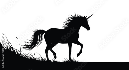 A majestic unicorn silhouette with flowing mane and tail prances elegantly across a grassy hill against a bright white background.