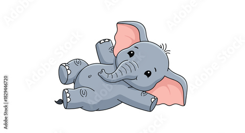 An adorable, happy baby elephant cartoon character with large ears and a curled trunk lies on its back, looking cheerful and playful against a clean white background.