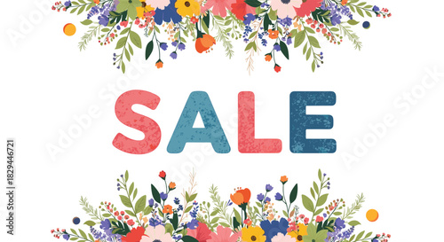 Vibrant 'SALE' text with a distressed look, framed by lush spring flowers and leaves, ideal for retail promotions and seasonal discounts.