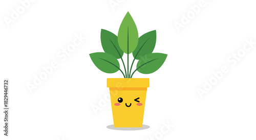 Cute cartoon houseplant with a happy winking face in a bright yellow pot, set against a clean white background.