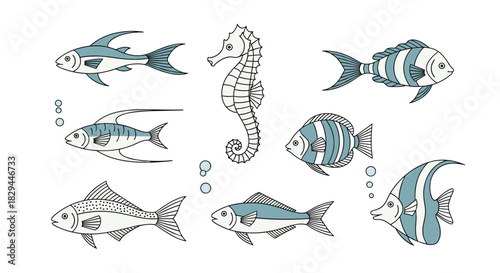 A delightful collection of hand-drawn cartoon fish and a seahorse in various styles and shapes, perfect for marine life designs.