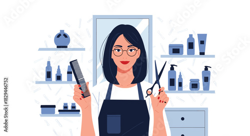 A cheerful female hairdresser wearing an apron and glasses, holding a comb and scissors, stands in a modern hair salon.
