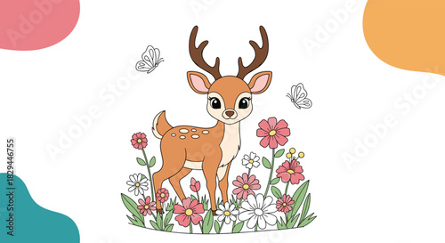 A charming cartoon deer with antlers stands gracefully amidst a vibrant field of pink and white flowers, with two delicate butterflies fluttering around.