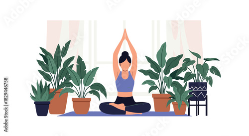 An illustration of a woman in a tranquil home setting, meditating amongst numerous green houseplants for relaxation and mindfulness.