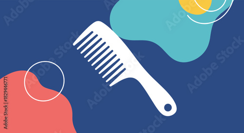 A simple white comb illustration set against a vibrant blue background with abstract, organic shapes and minimalist circles.
