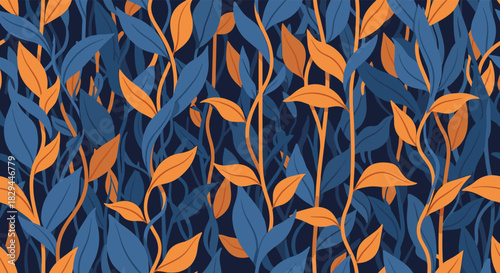 A captivating seamless pattern of intertwining blue and orange leaves and vines on a deep blue background, evoking natural beauty.
