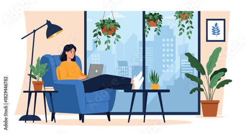 Young woman comfortably working on a laptop from her cozy home, enjoying the city view from a large window surrounded by houseplants.