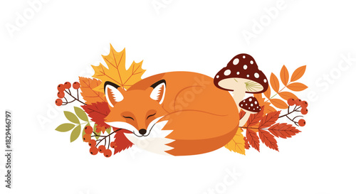 A cute sleeping fox nestled among colorful autumn leaves, red berries, and dotted mushrooms, creating a peaceful fall scene.