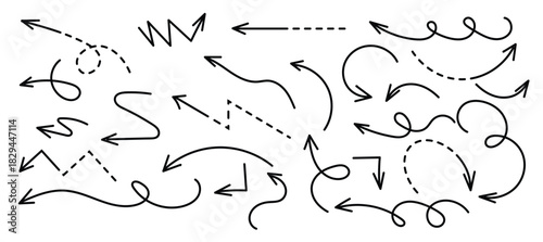 Set of multidirectional arrows hand drawn on white background