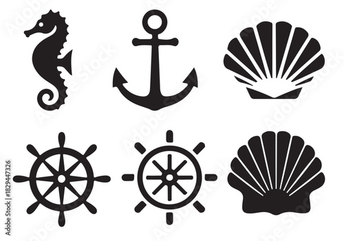 Set of Nautical Icons in Simple Black Silhouette