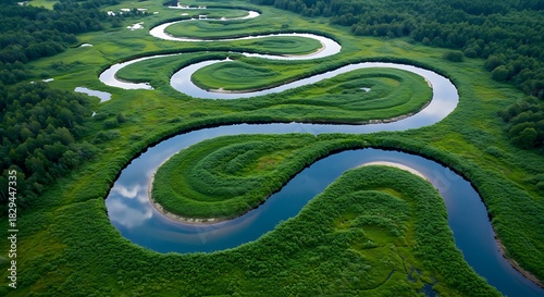 Aerial shot of a meandering river carving through lush, verdant green vegetation
