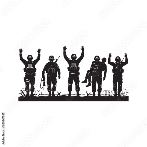 Silhouette of Surrendering Soldiers with Hands Up and Carrying Wounded Comrade Vector
