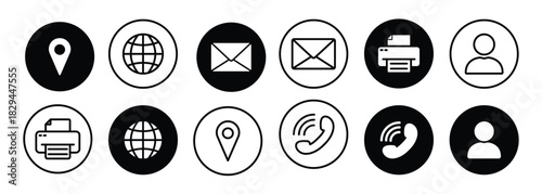 Set of Online Contact Icon. Web Line and Silhouette Icons. Website Black Buttons Symbol of Call, Message. Handset Phone, Email, Man, Pin, Globe, Fax Outline Pictogram. Isolated Vector Illustration.