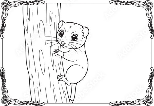 Adorable tree shrew clinging to a tree trunk outlined with decor