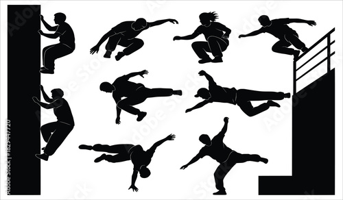 set of parkour athletes in various dynamic poses isolated