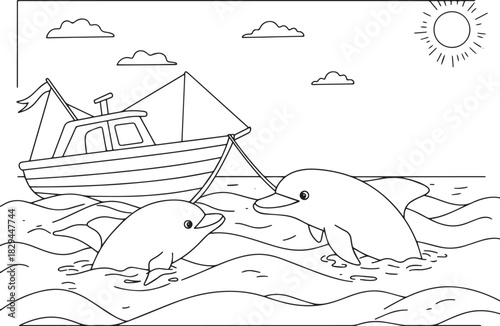 Line art coloring page featuring two dolphins playing near a boa