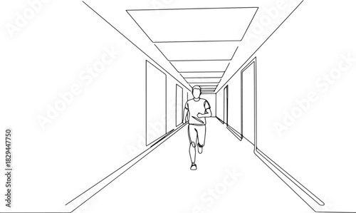 A minimalist line drawing depicting a person urgently running do