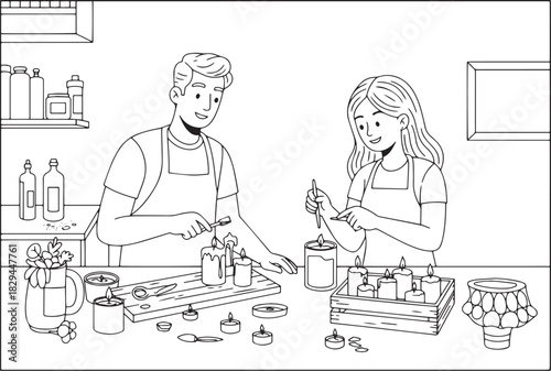 Couple crafting candles together in a workshop setting creating