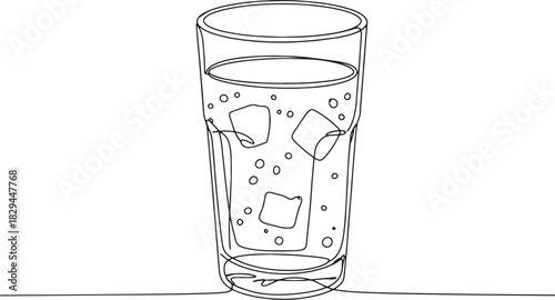 Minimalist single line drawing of Kvass drink glass with ice cub