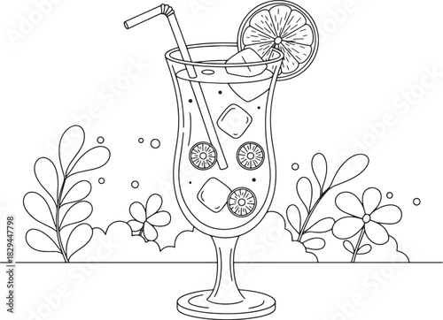 Elegant outline illustration of a refreshing mocktail surrounded