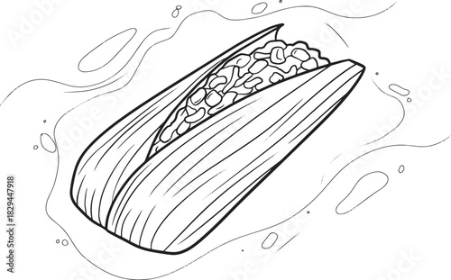 Monochrome drawing showcases a tamale, a popular corn based masa